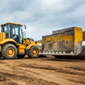 A yellow front-end loader sits on a construction site, featuring large wheels and a sizable metal bucket Royalty Free Stock Photo