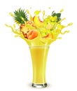 Yellow fruit juice splash. Whole and sliced pineapple, mango, peach and grape in a sweet yellow juice