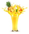 Yellow fruit juice splash. Whole and sliced pineapple, mango and peach in a sweet yellow juice or cocktail with splashes and drops Royalty Free Stock Photo