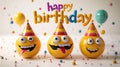 Yellow, funny, and happy emoticons wearing colorful party hats with Happy Birthday text on a white background. Royalty Free Stock Photo