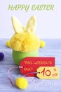 A yellow fur toy hare in a green plastic pot on gray wooden boards, and on a gray background with the inscription Happy Easter Royalty Free Stock Photo
