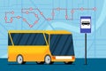 Yellow futuristic city transport bus on road near bus stop station sign on map with traffic navigation route location