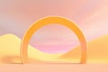 Yellow futuristic round arch on the desert landscape background. Atmospheric escapism installation for showcase and display