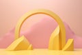 Yellow futuristic round arch on the pastel orange landscape background. Atmospheric escapism installation for showcase and display