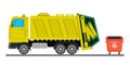 Yellow garbage truck and red garbage container
