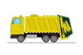 Yellow garbage truck side view, cartoon vehicle isolated on white background