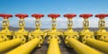 Yellow gas pipe line valves. Oil and gas extraction, production and transportation industrial background Royalty Free Stock Photo