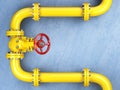 Yellow gas pipeline valve on a blue wall. Space for text. Royalty Free Stock Photo