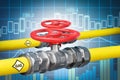 Yellow gas pipes with valves on stock market background.