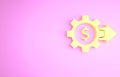 Yellow Gear with dollar symbol icon isolated on pink background. Business and finance conceptual icon. Minimalism