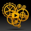 Yellow gear wheels of clockwork with move arrow on black background