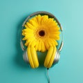 yellow gerbera daisy wearing headphones on sky blue background generative AI Royalty Free Stock Photo