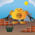Yellow giant robot building a wall with bricks Vector Royalty Free Stock Photo