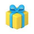 Yellow gift box with blue bow ribbon 3d icon vector illustration. Isometric present surprise Royalty Free Stock Photo