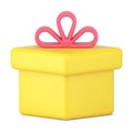 Yellow gift box 3d icon. Gold packaging with red volume bow Royalty Free Stock Photo