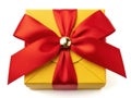 Yellow gift box with red bow isolated on white background Royalty Free Stock Photo