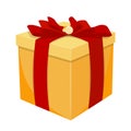 Yellow gift box with red ribbon and bow. Cartoon present icon Royalty Free Stock Photo