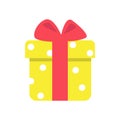 Yellow gift box with red ribbon, vector illustration in cartoon flat style. Colorful wrapped. Sale, holidays, shopping