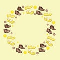 Yellow girl and brown boy gentlemens baby shoes for children round frame, smart kids fashion shoes collection. Hand