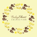 Yellow girl and brown boy gentlemens baby shoes for children round frame, smart kids fashion shoes collection. Hand