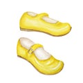 Yellow girl shoes for children, smart kids fashion shoes collection. Hand painted watercolor illustration