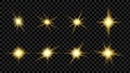 Yellow glare. Flare light of stars and lens. Burst with bright gold effect flashes. Glitter from spark, star and sun. Set of glows