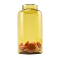 Yellow glass bottle for tablets with pills and drugs isolated on a white Royalty Free Stock Photo