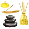 Yellow glass jar with wooden sticks, burning incense stick, candle, stones for spa. Watercolor hand drawn illustration