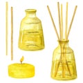 Yellow glass jar with wooden sticks and candle. Aroma diffuser, essential oil for home. Aromatherapy. Watercolor hand