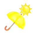 Yellow glossy waterproof umbrella with wooden curved carry handle, sun protection realistic 3d icon vector illustration. Bright