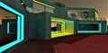 Yellow glowing entrance of the upscale club hotel finished with concrete at night time. Turquoise illuminated window archs. 3d