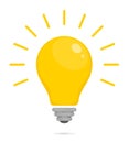 Yellow glowing light bulb. Symbol of energy, solution, thinking and idea. Flat style icon for web and mobile app. Vector