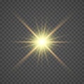 The yellow glowing light explodes with a blast with a transparent one. Vector illustration for perfect effect with sparkles. Royalty Free Stock Photo