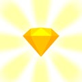 Yellow gold diamond gemstone on zoom comics, golden flat diamonds jewelry icon, gold gems on soft rays burst shine background,