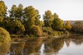 Yellow gold and green trees. Deep wide river is slowly flowing with reflections in the calm water. Forest, fields. Early morning.