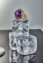 Yellow gold ring with amethyst on ice cubes on a gray background with reflection. Jewelry art and product sales Royalty Free Stock Photo