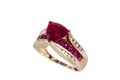 Yellow gold ring with rubies and diamonds, isolated on a white background Royalty Free Stock Photo