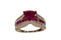 Yellow gold ring with rubies and diamonds, isolated on a white background Royalty Free Stock Photo