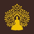 Yellow gold Silhouette The Lord Buddha Meditation under bodhi tree with leaf on dark brown background vector design