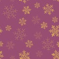 Yellow, gold snowflakes seamless pattern, purple background. Flying snow. Winter abstract Christmas and new year backdrop. Vector Royalty Free Stock Photo