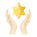 Yellow gold Star of David watercolor holding in hands illustration. Six pointed hexagram geometric figure Royalty Free Stock Photo