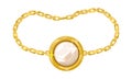 Yellow golden chain with white opal, pearl or diamond in round pendant, charm.