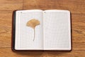 Yellow golden gingko leaf on the book on the wooden floor Royalty Free Stock Photo