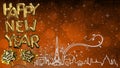 yellow golden happy new year words, structural illustration buildings outlines with gradient background, concept of celebrate happ