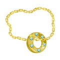 Yellow golden thick ring, hoop with aquamarine or topaz on chain.