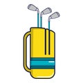Yellow golf bag full of golf clubs icon