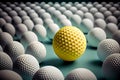 A yellow golf ball standing out from the crowd. Individuality cobcept. Generative ai