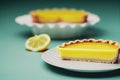 Yellow gourmet Lemon tart cake in shortbread dough on table