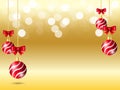 Yellow Gradient white bokeh light background. Christmas background with hanging Red ribbon ball and red bow ribbon decoration Royalty Free Stock Photo