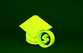 Yellow Graduation cap and coin icon isolated on green background. Education and money. Concept of scholarship cost or Royalty Free Stock Photo